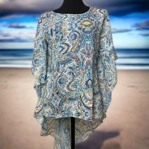 Ivy Jane Chiffon Top Size Small Blue Multi Hi Low Hem Flutter Sleeve